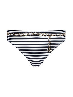 The Nicole Bikini Bottom by L'AGENCE features black and white stripes with a decorative gold chain and shell charm on the waistband, adding a touch of Parisian glamour.