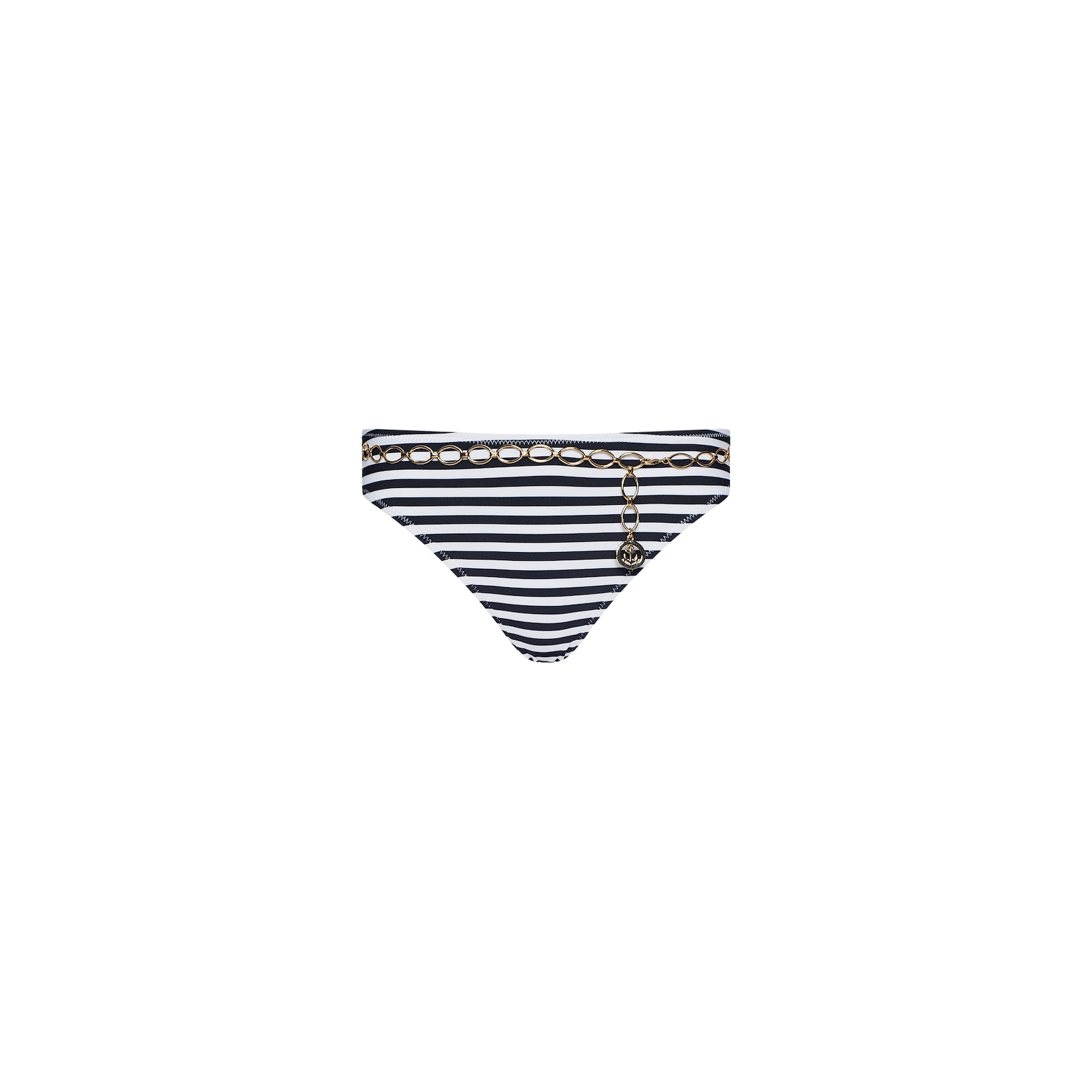 The Nicole Bikini Bottom features black and white stripes with a gold chain detail and a small circular pendant, capturing Parisian glamour and timeless elegance with its moderate coverage, shown against a plain white background.