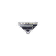 The Nicole Bikini Bottom features black and white stripes with a gold chain detail and a small circular pendant, capturing Parisian glamour and timeless elegance with its moderate coverage, shown against a plain white background.