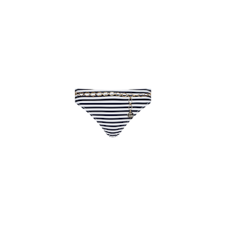 The Nicole Bikini Bottom features black and white stripes with a gold chain detail and a small circular pendant, capturing Parisian glamour and timeless elegance with its moderate coverage, shown against a plain white background.