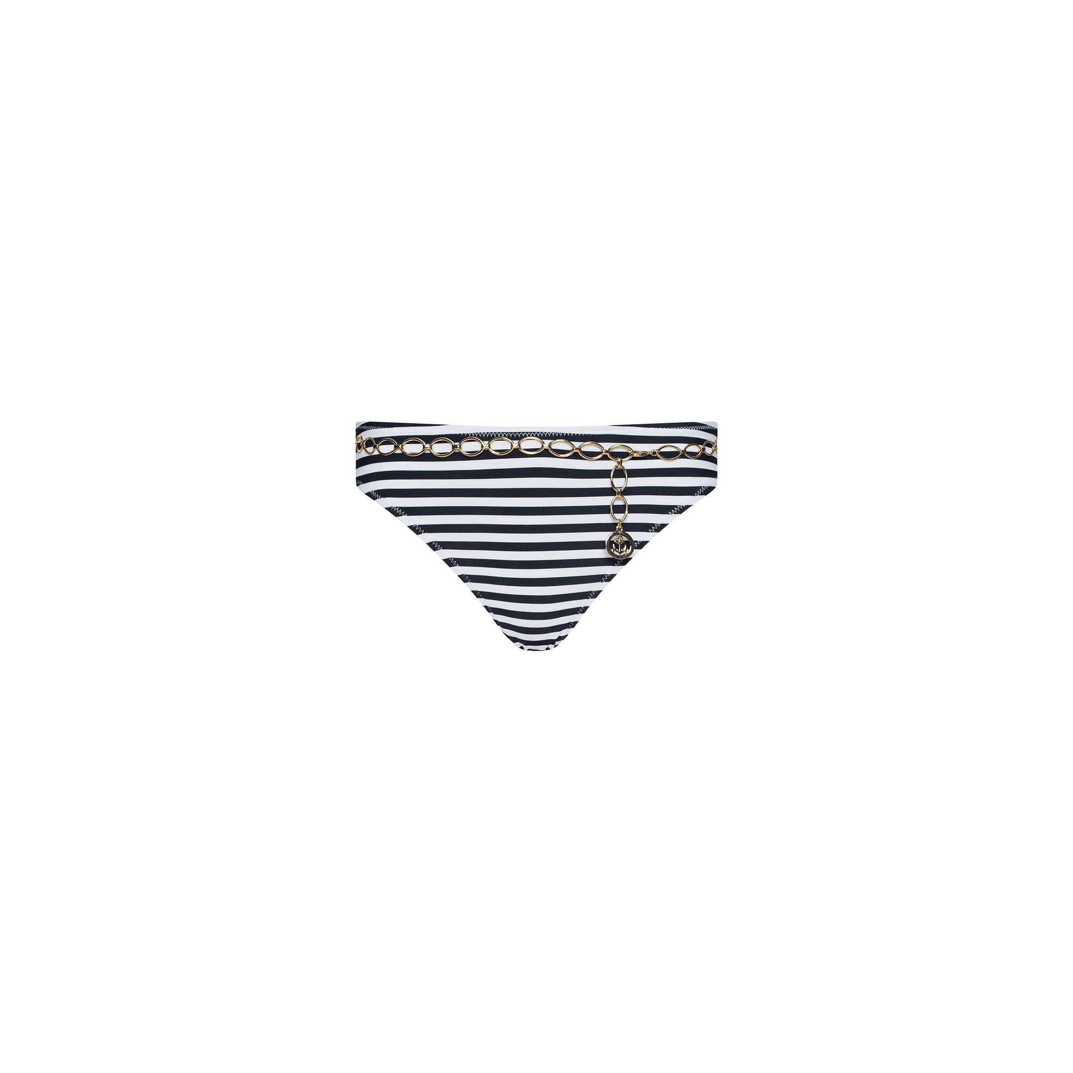 The Nicole Bikini Bottom features black and white stripes with a gold chain detail and a small circular pendant, capturing Parisian glamour and timeless elegance with its moderate coverage, shown against a plain white background.
