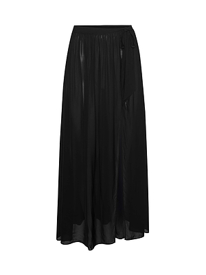 The Klaire Cover-Up Skirt by L'AGENCE is a long, black viscose chiffon maxi skirt with a subtle sheen and tie detail at the waistband, shown on a plain white background.