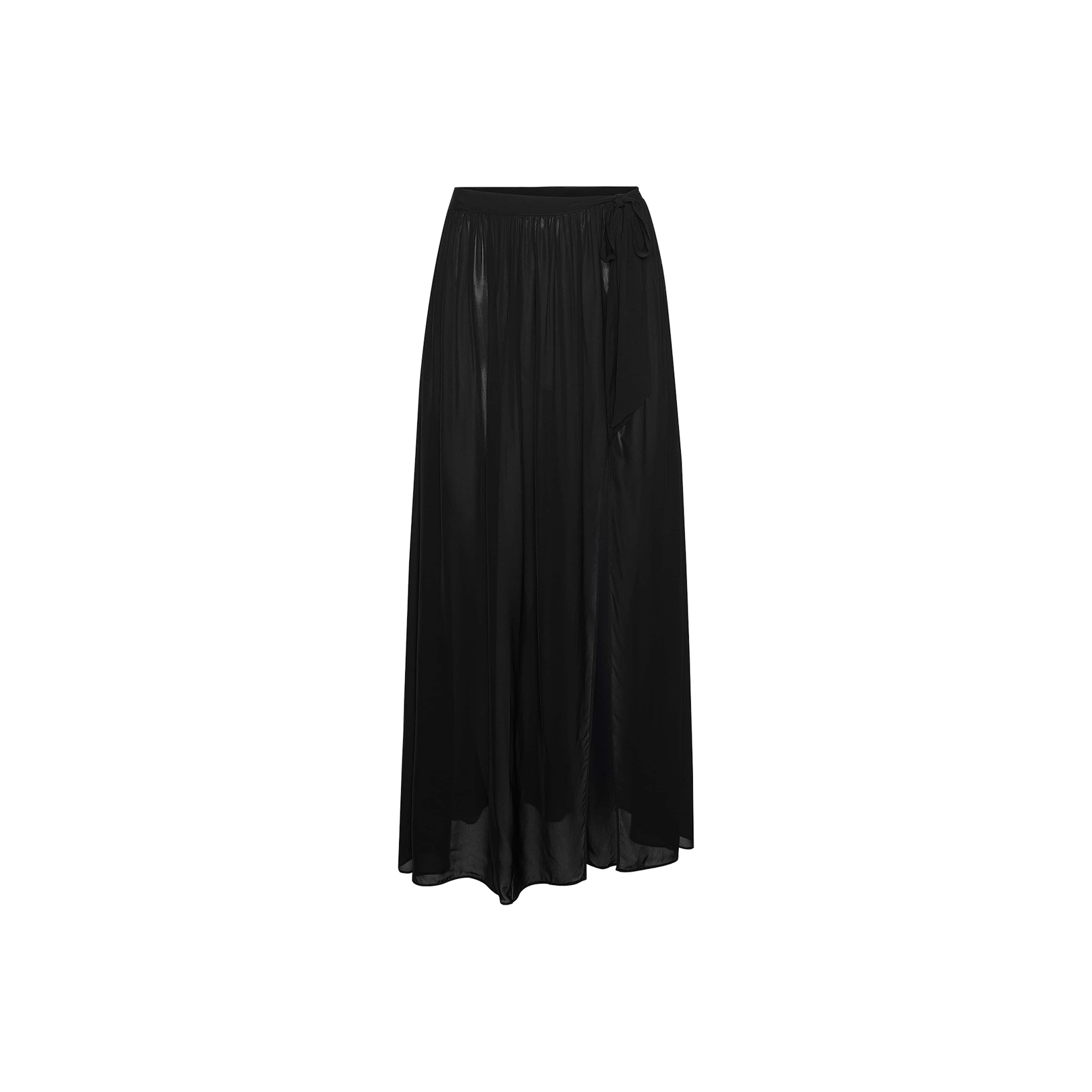 The Klaire Cover-Up Skirt is a long, black viscose chiffon maxi skirt featuring a sheer overlay and an elastic waistband, shown against a plain white background.