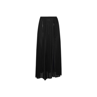 The Klaire Cover-Up Skirt is a long, black viscose chiffon maxi skirt featuring a sheer overlay and an elastic waistband, shown against a plain white background.