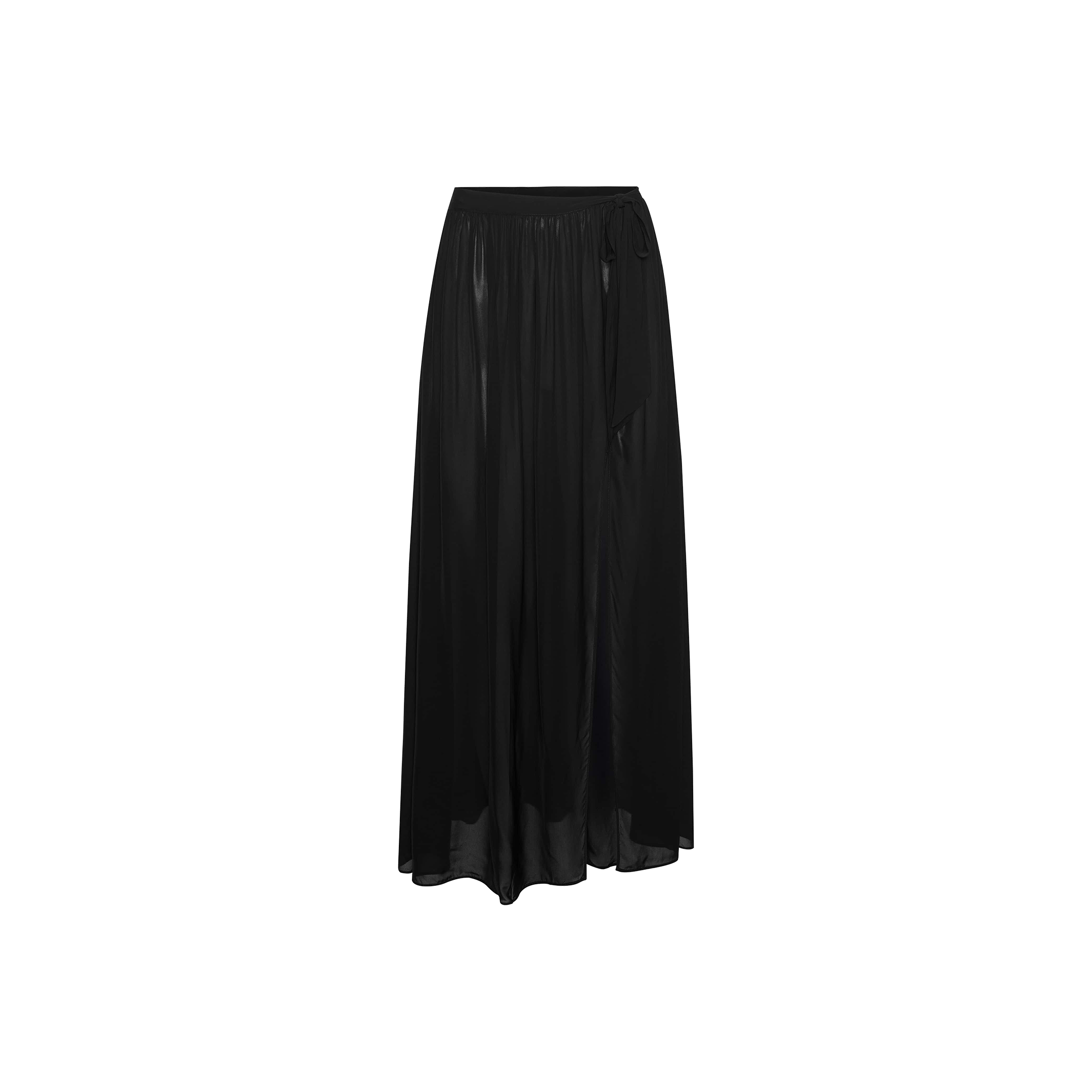 The Klaire Cover-Up Skirt is a long black sheer wrap maxi skirt with a slightly flared hem, crafted from viscose chiffon for a subtle glossy finish, featuring an elastic waistband and elegant tie closure, displayed on a white background.