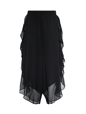 The Adonis Cover-Up Pant features black layered sheer viscose chiffon with an elastic waistband and ruffled side overlay—ideal for poolside style, shown on a white background.