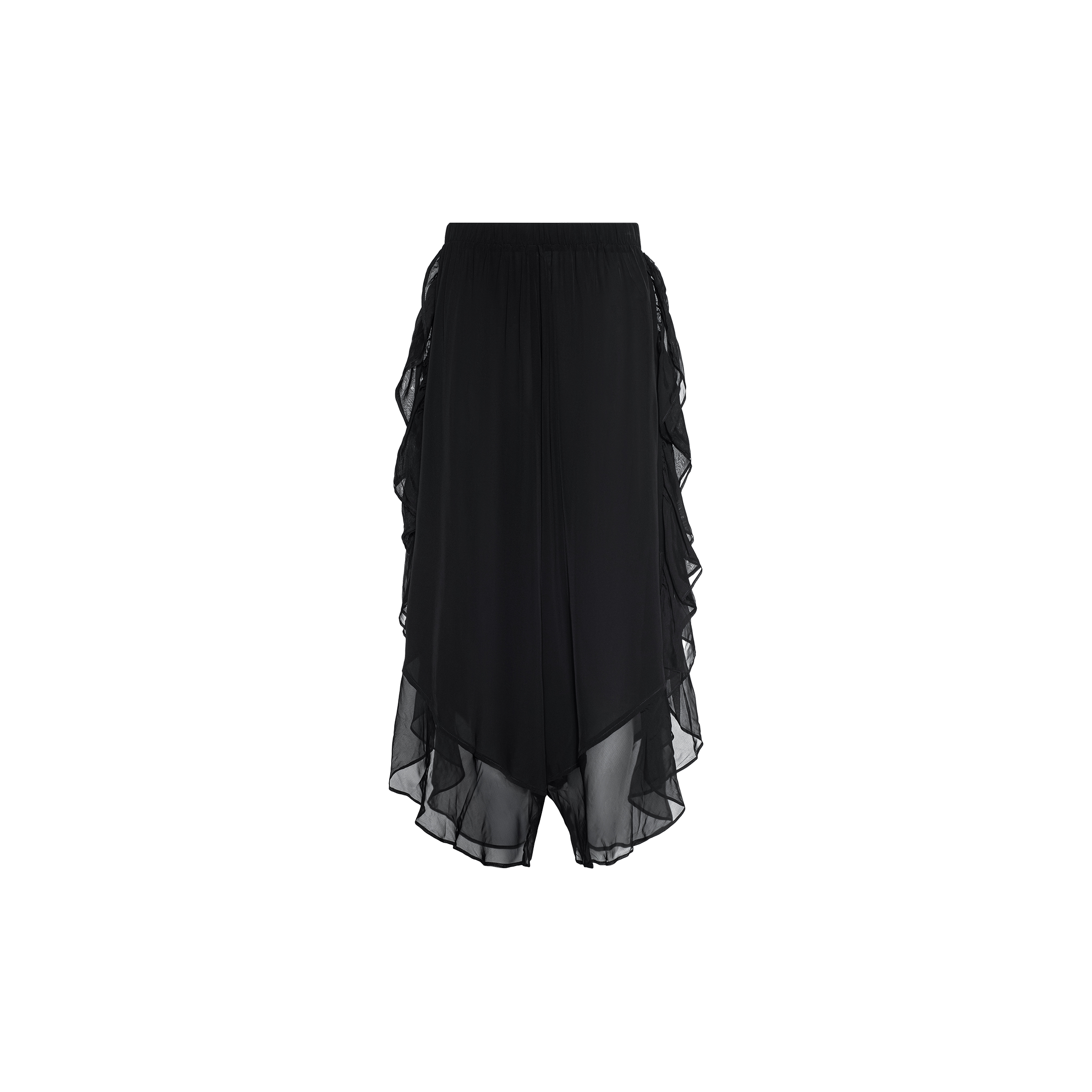 The Adonis Cover-Up Pant features black sheer chiffon fabric with an elastic waistband and layered, asymmetrical ruffle detailing along the sides and hem, making it a stylish choice for effortless poolside style, shown here against a plain white background.