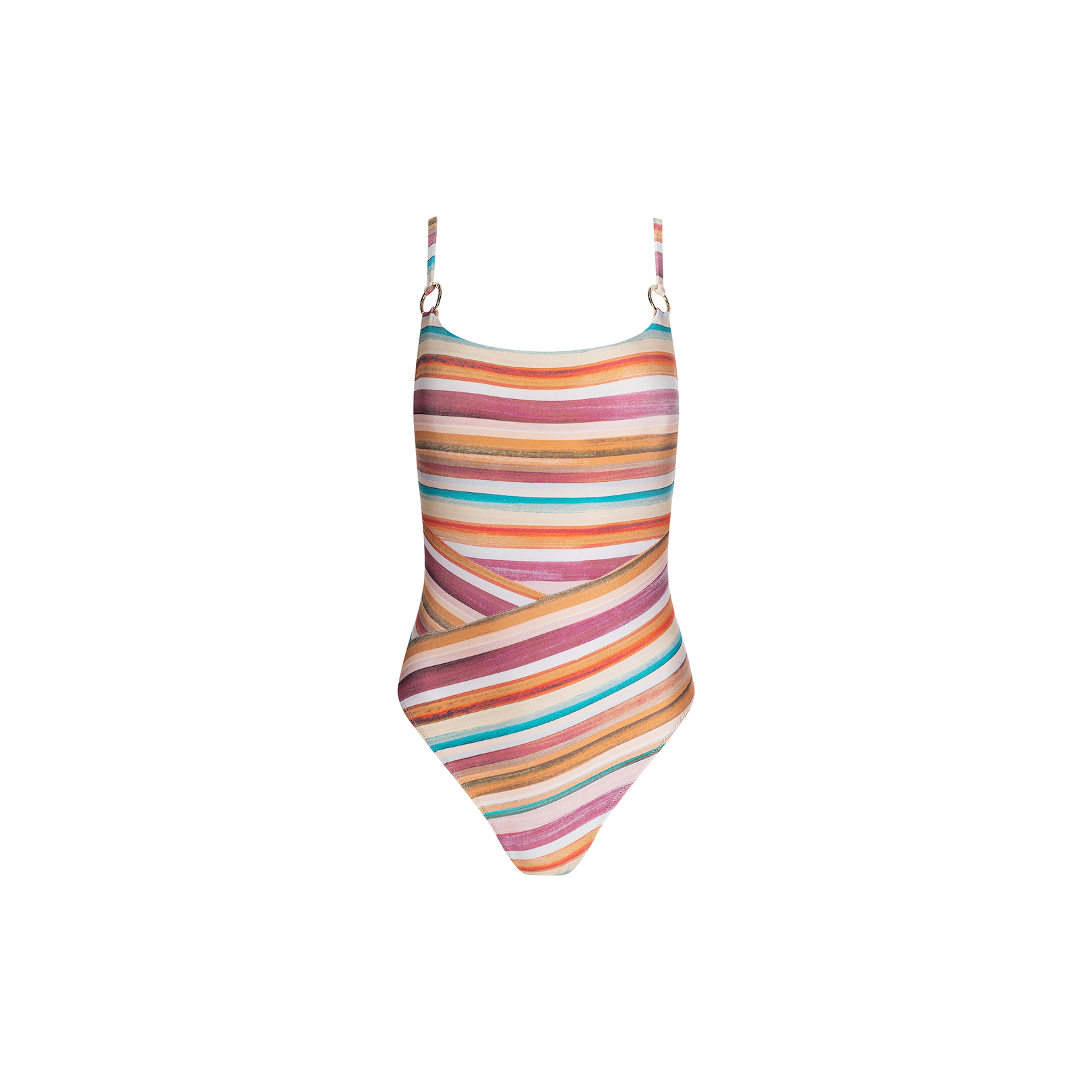 The Remi One-Piece Swimsuit features a high-leg maillot silhouette with retro-inspired watercolor stripes in shades of pink, orange, blue, and brown arranged in horizontal and diagonal patterns. Designed with a scoop neckline and thin adjustable straps, this suit is set against a crisp white background.