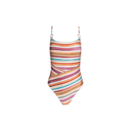 The Remi One-Piece Swimsuit features a high-leg maillot silhouette with retro-inspired watercolor stripes in shades of pink, orange, blue, and brown arranged in horizontal and diagonal patterns. Designed with a scoop neckline and thin adjustable straps, this suit is set against a crisp white background.