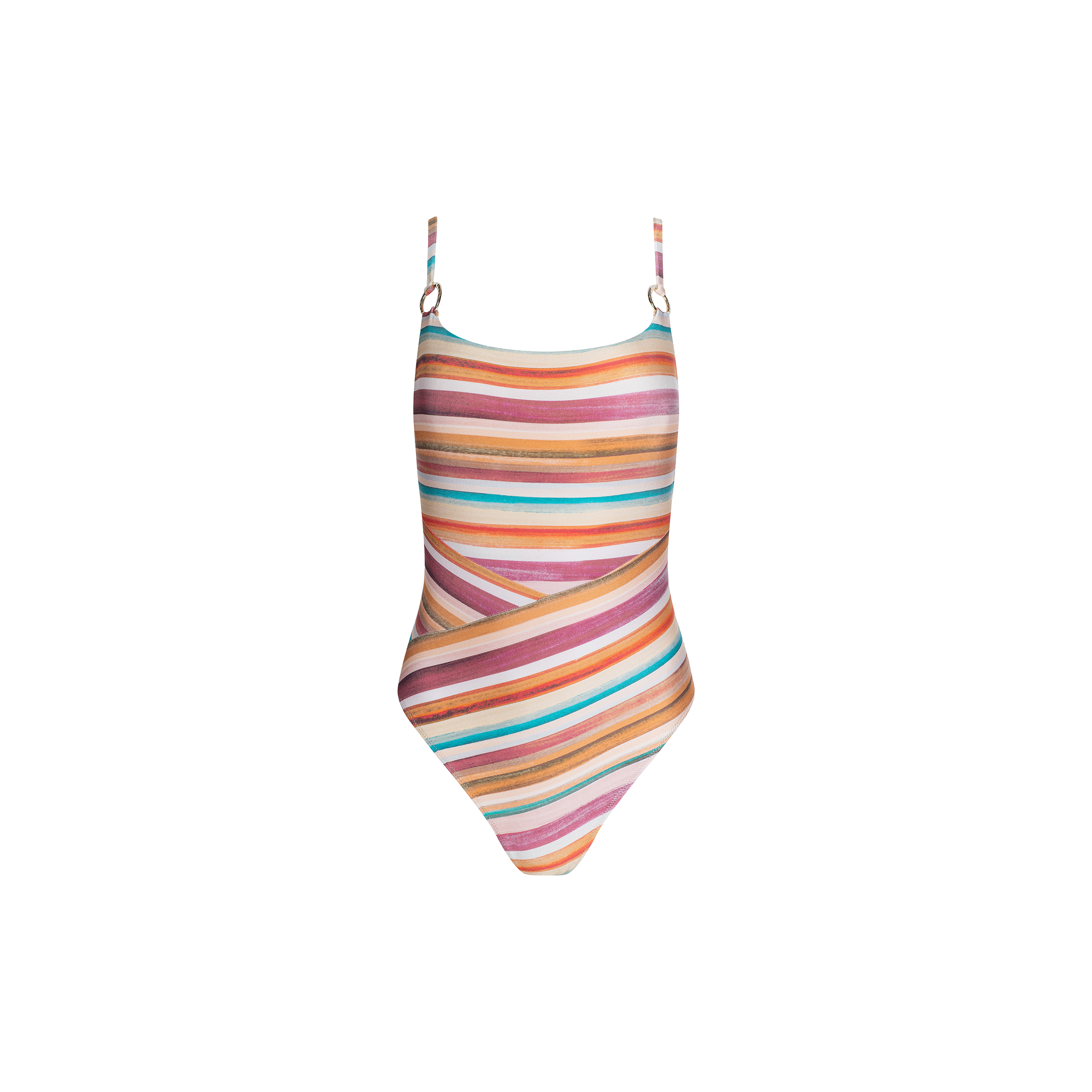 The Remi One-Piece Swimsuit features a high-leg maillot silhouette with retro-inspired watercolor stripes in shades of pink, orange, blue, and brown arranged in horizontal and diagonal patterns. Designed with a scoop neckline and thin adjustable straps, this suit is set against a crisp white background.
