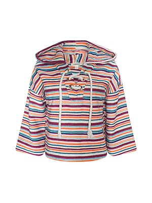 The Lee Cover-Up Poncho is a colorful, hooded terrycloth poncho with wide sleeves and horizontal multicolored stripes. It has a lace-up front with white drawstrings and offers a relaxed fit, ideal for après-swim or lounging poolside.