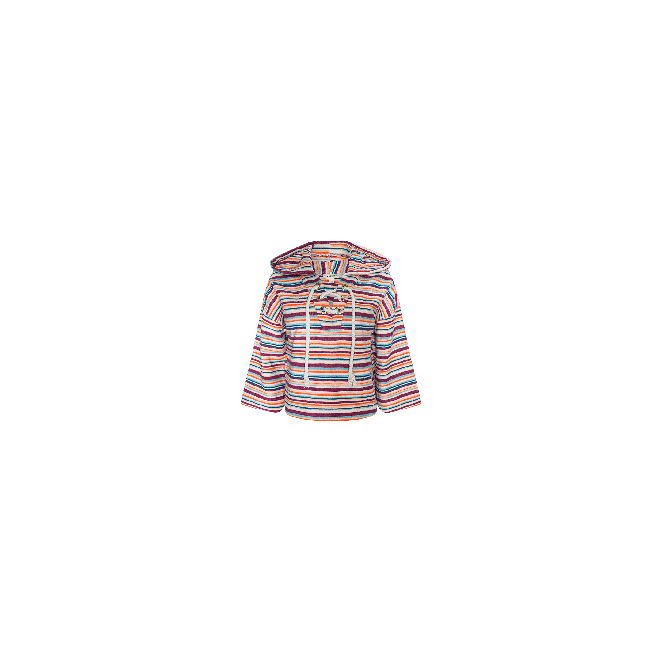 The Lee Cover-Up Poncho, featuring multicolored horizontal stripes, a hood, and cream drawstrings, is perfect for après-swim or poolside lounging and is displayed on a plain white background.