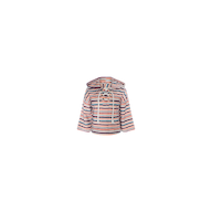 The Lee Cover-Up Poncho, featuring multicolored horizontal stripes, a hood, and cream drawstrings, is perfect for après-swim or poolside lounging and is displayed on a plain white background.
