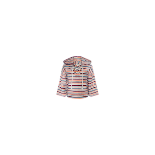 The Lee Cover-Up Poncho is a hooded pullover made from soft cotton terrycloth with horizontal rainbow stripes, a lace-up neckline with white drawstrings, and a front pocket—perfect for effortless après-swim chic.