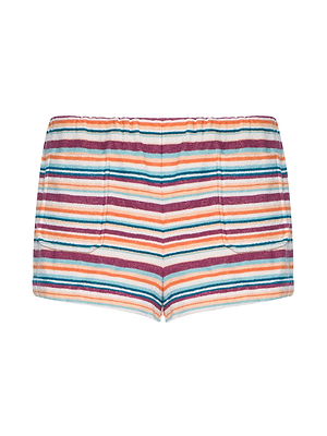 The Amiya Cover-Up Short features colorful horizontal stripes in red, orange, blue, and white terrycloth. With front pockets and an elastic waistband, these shorts are perfect for poolside lounging.