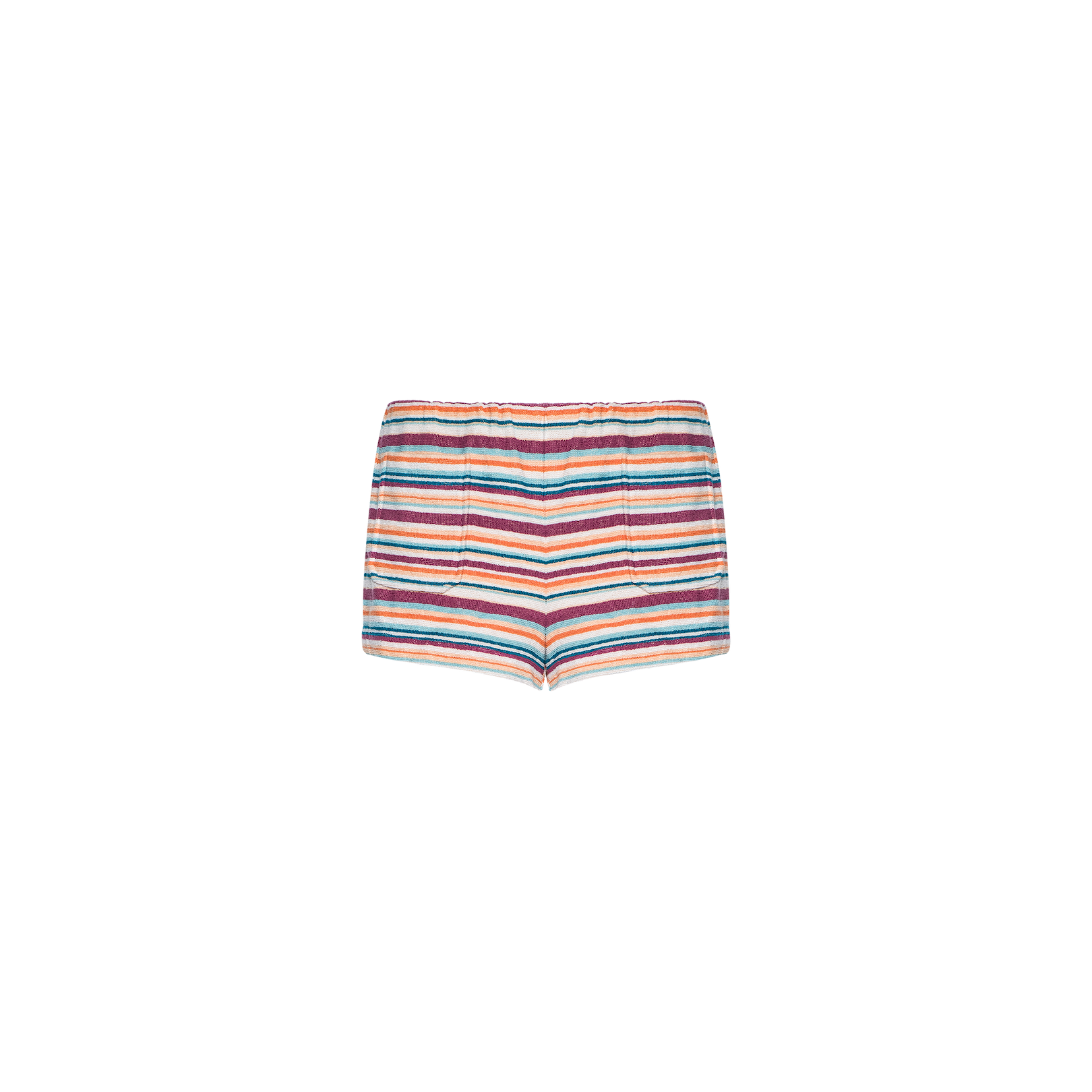 The Amiya Cover-Up Short features hot, short terrycloth fabric with colorful horizontal bands in red, blue, orange, green, and white—perfect for poolside lounging and displayed against a plain white background.