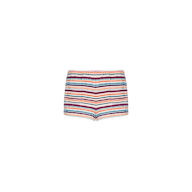 The Amiya Cover-Up Short features hot, short terrycloth fabric with colorful horizontal bands in red, blue, orange, green, and white—perfect for poolside lounging and displayed against a plain white background.