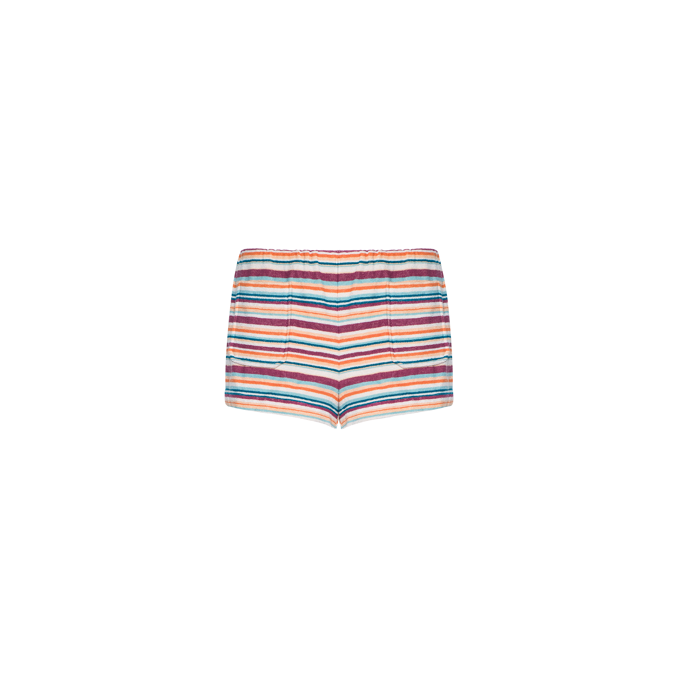 The Amiya Cover-Up Short features hot, short terrycloth fabric with colorful horizontal bands in red, blue, orange, green, and white—perfect for poolside lounging and displayed against a plain white background.