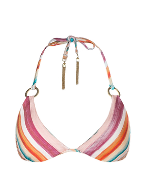 The Annabelle Triangle Bikini Top features a multicolored retro stripe design in pink, orange, teal, and white with adjustable halter neck ties, gold ring accents, and decorative gold tassels.