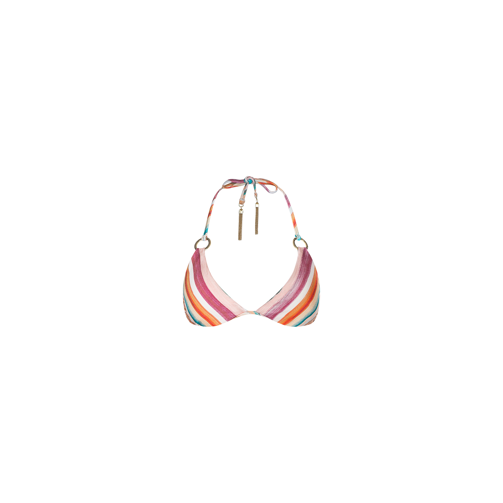 The Annabelle Triangle Bikini Top showcases retro-inspired stripes in pink, orange, yellow, and purple. Designed with a halter-neck and a triangle silhouette, this top features metal ring accents and adjustable tassel-ended tie strings at the neck.