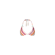 Introducing the Annabelle Triangle Bikini Top—a halter style featuring a triangle silhouette with retro-inspired stripes in pink, orange, red, and white. This top includes ring accents and adjustable string ties at the neck adorned with tassels for a customizable fit.