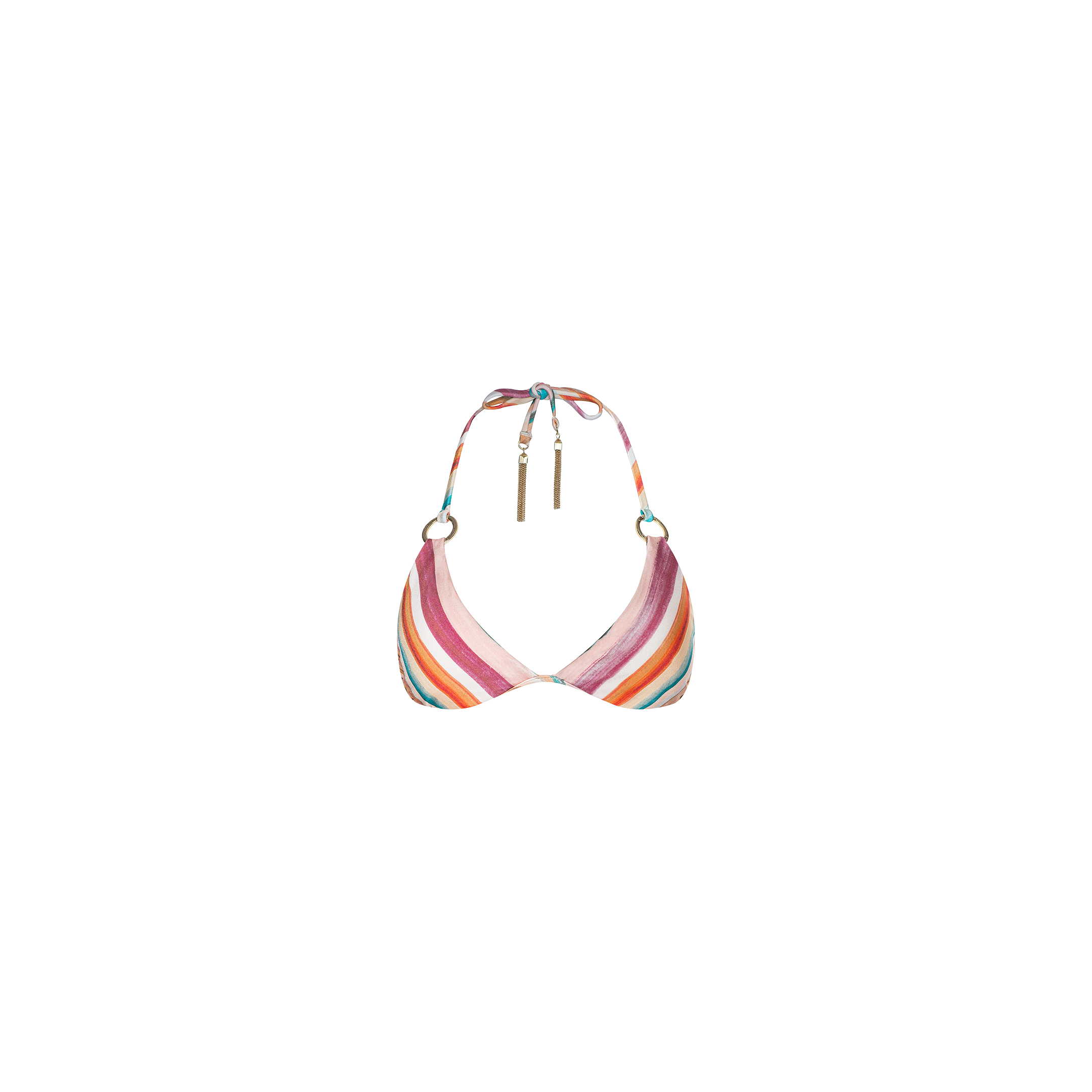 Introducing the Annabelle Triangle Bikini Top—a halter style featuring a triangle silhouette with retro-inspired stripes in pink, orange, red, and white. This top includes ring accents and adjustable string ties at the neck adorned with tassels for a customizable fit.