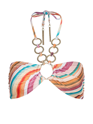 The Krysta Halter Bikini Top features vibrant stripes, a central ring accent, multicolored fabric straps, and a halter neck tie with large gold circular chain links for retro flair.