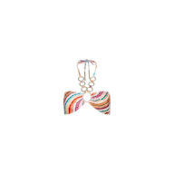 The Krysta Halter Bikini Top features multicolored stripes, a central cutout with gold ring accents, and a halter neck tie—delivering a chic retro-inspired look—shown against a plain white background.