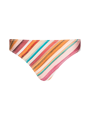 The Nicole Bikini Bottom offers moderate coverage with watercolor stripes in pink, orange, red, turquoise, and cream on soft four-way stretch nylon, shown against a white background.