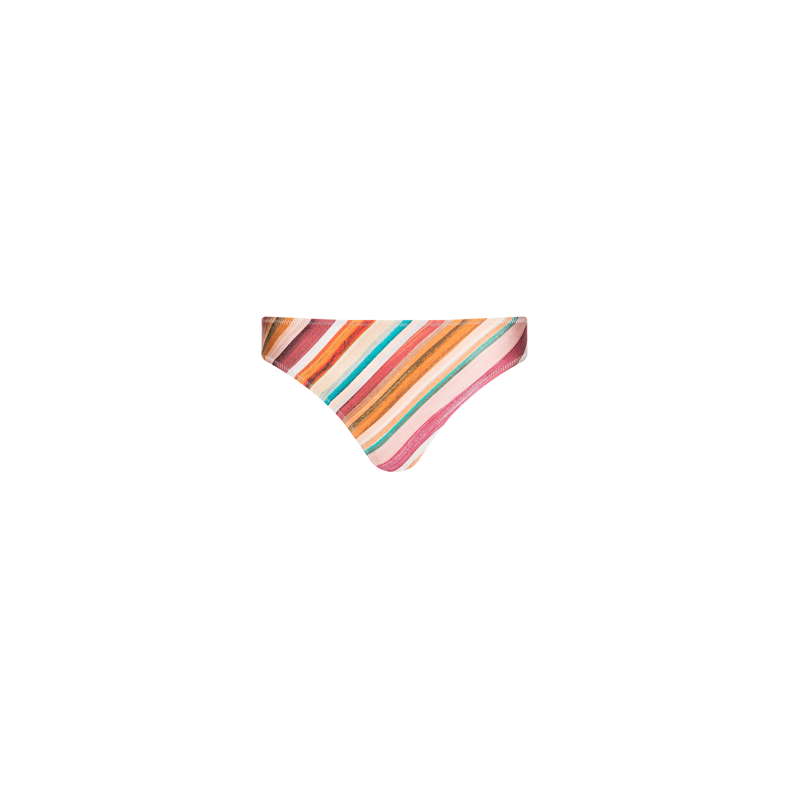 The Nicole Bikini Bottom offers moderate coverage and showcases diagonal watercolor stripes in vibrant shades of pink, orange, red, yellow, and teal. Made from four-way stretch nylon fabric, it is presented against a plain white background.
