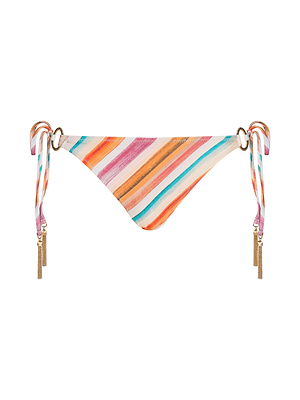 The Britt Tie-Side Bikini Bottom features multicolored diagonal stripes in orange, pink, blue, and yellow, gold rings, adjustable tie sides with gold tassel accents, and offers moderate coverage.