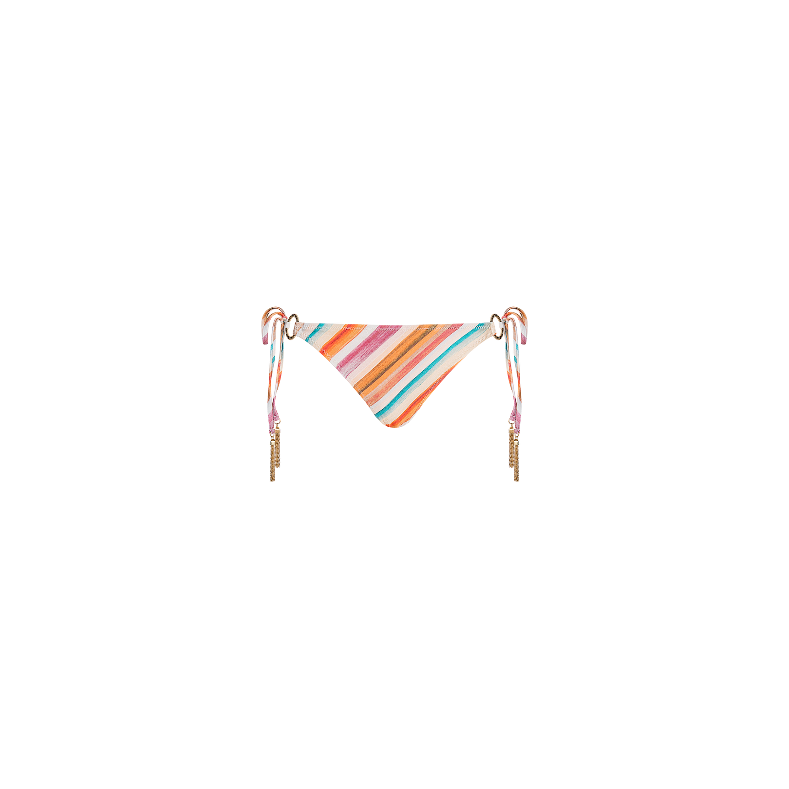 The Britt Tie-Side Bikini Bottom features a colorful multicolored stripe design with diagonal lines in pink, orange, yellow, aqua, and white on a plain white background. It offers moderate coverage and adjustable tie side strings for a customized fit.