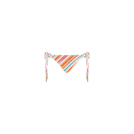 The Britt Tie-Side Bikini Bottom features multicolored stripes, adjustable tie sides, and gold accents for moderate coverage, shown against a plain white background.