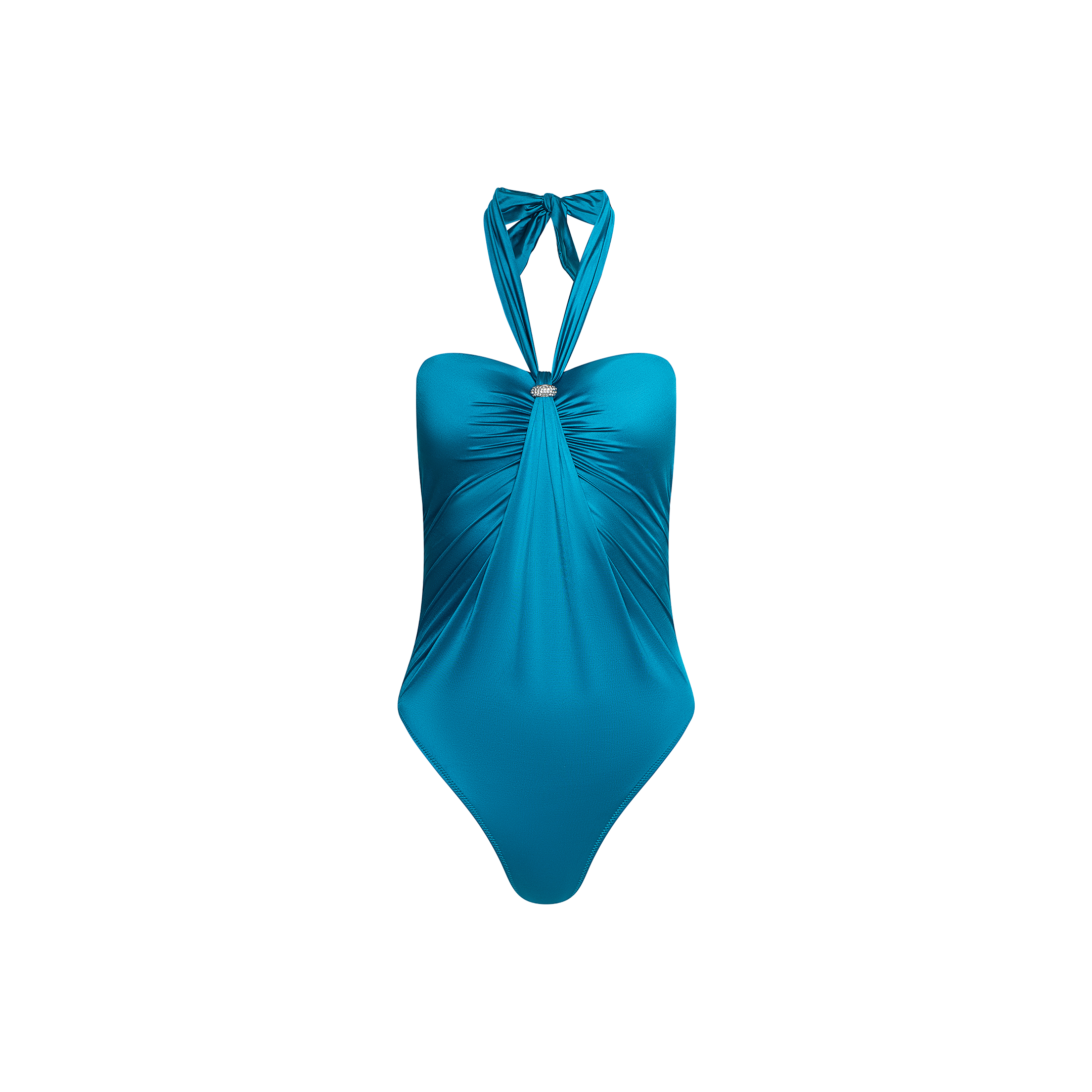 The Althea Bandeau One-Piece Swimsuit features a teal blue hue with a ruched front, central metal ring detail, and halter neck ties. Crafted from UPF 50 swimwear fabric for added sun protection, it is displayed on a plain white background.