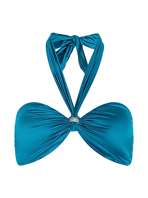 The Krysta Halter Bikini Top is a teal, satin-like swimwear piece with gathered fabric, a rhinestone center accent, and ties in a bow at the neck.