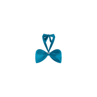The Krysta Halter Bikini Top, featuring ruched teal fabric and a front knot for a bandeau-inspired look, is displayed on a plain white background.