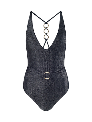 The Lisa Plunge One-Piece Swimsuit features a shimmery black design, plunge neckline, gold ring accents on the back straps and waist, a belted look, high-cut leg, and chic UPF 50 sun protection.