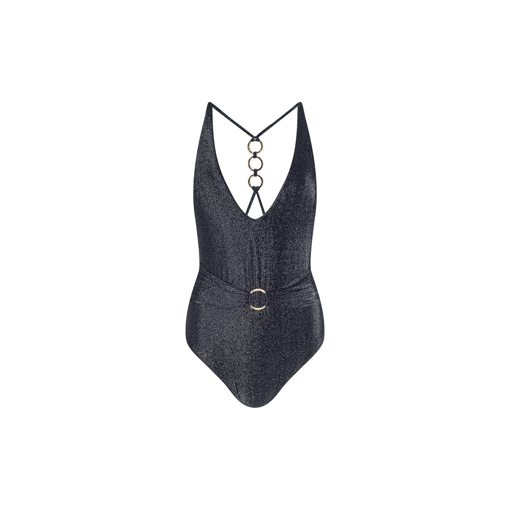 The Lisa Plunge One-Piece Swimsuit is a sparkly black swimsuit featuring a dramatic plunge neckline, crisscross straps, circular ring accents down the back, and a matching belt with a round buckle at the waist. It is displayed on a white background.