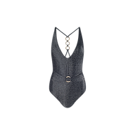 The Lisa Plunge One-Piece Swimsuit is a shimmery dark gray swimsuit with a plunging neckline, strappy back accented by three metal rings, and a belted waist featuring a circular buckle, shown on a plain white background.