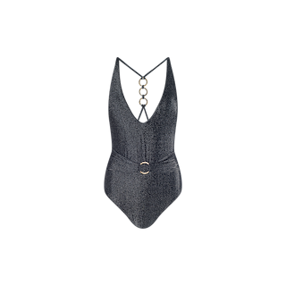 The Lisa Plunge One-Piece Swimsuit is a sparkly black swimsuit featuring a dramatic plunge neckline, crisscross straps, circular ring accents down the back, and a matching belt with a round buckle at the waist. It is displayed on a white background.