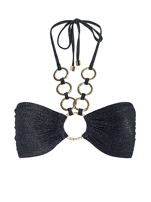 The Krysta Halter Bikini Top is a shimmering metallic black bandeau with a halter neck tie and gold rings connecting the straps to the center.