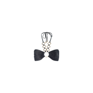 The Krysta Halter Bikini Top is a metallic black bikini top with gathered cups and gold ring details connecting the cups and straps. It features a halter silhouette, ties at the neck, and is showcased on a plain white background.