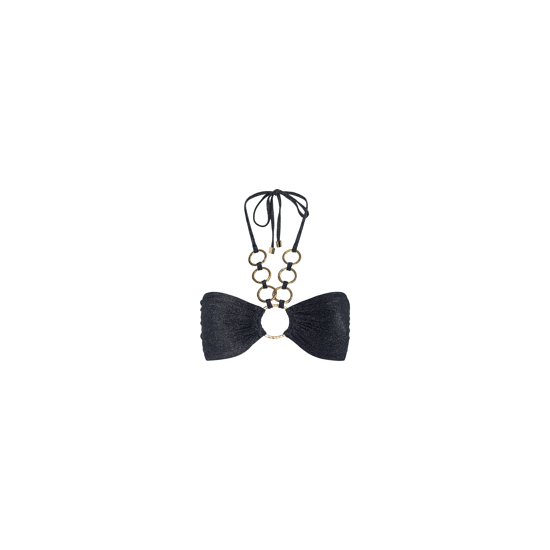 The Krysta Halter Bikini Top is a metallic black bikini top with gathered cups and gold ring details connecting the cups and straps. It features a halter silhouette, ties at the neck, and is showcased on a plain white background.