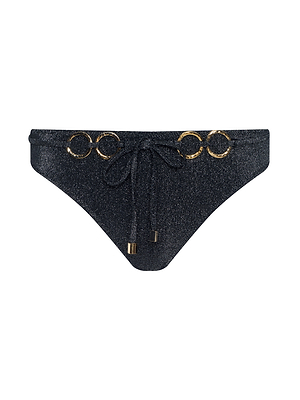 The Nicole Bikini Bottom features black glitter fabric with gold ring accents and a front tie, crafted from UPF 50 stretch nylon for sun protection—a metallic black swimsuit inspired by Parisian glamour, shown on a white background.