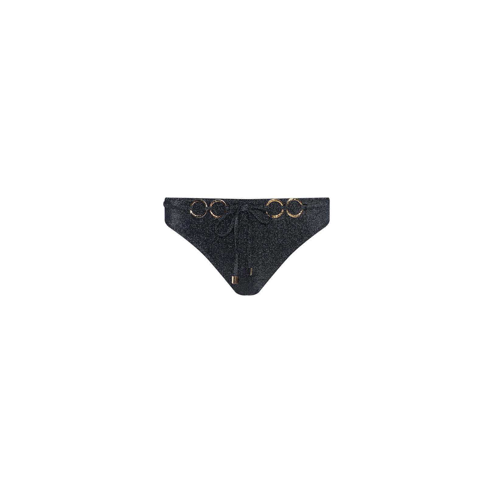 The Nicole Bikini Bottom features a metallic black finish with gold ring accents and a front tie, adding a touch of Parisian glamour. Displayed on a plain white background.