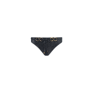 Nicole Bikini Bottom featuring a front tie and gold ring accents on the waistband, inspired by Parisian glamour swimwear style, displayed against a plain white background.