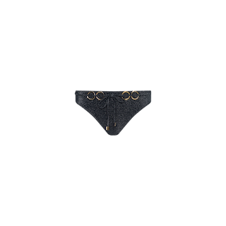 The Nicole Bikini Bottom features a metallic black finish with gold ring accents and a front tie, adding a touch of Parisian glamour. Displayed on a plain white background.