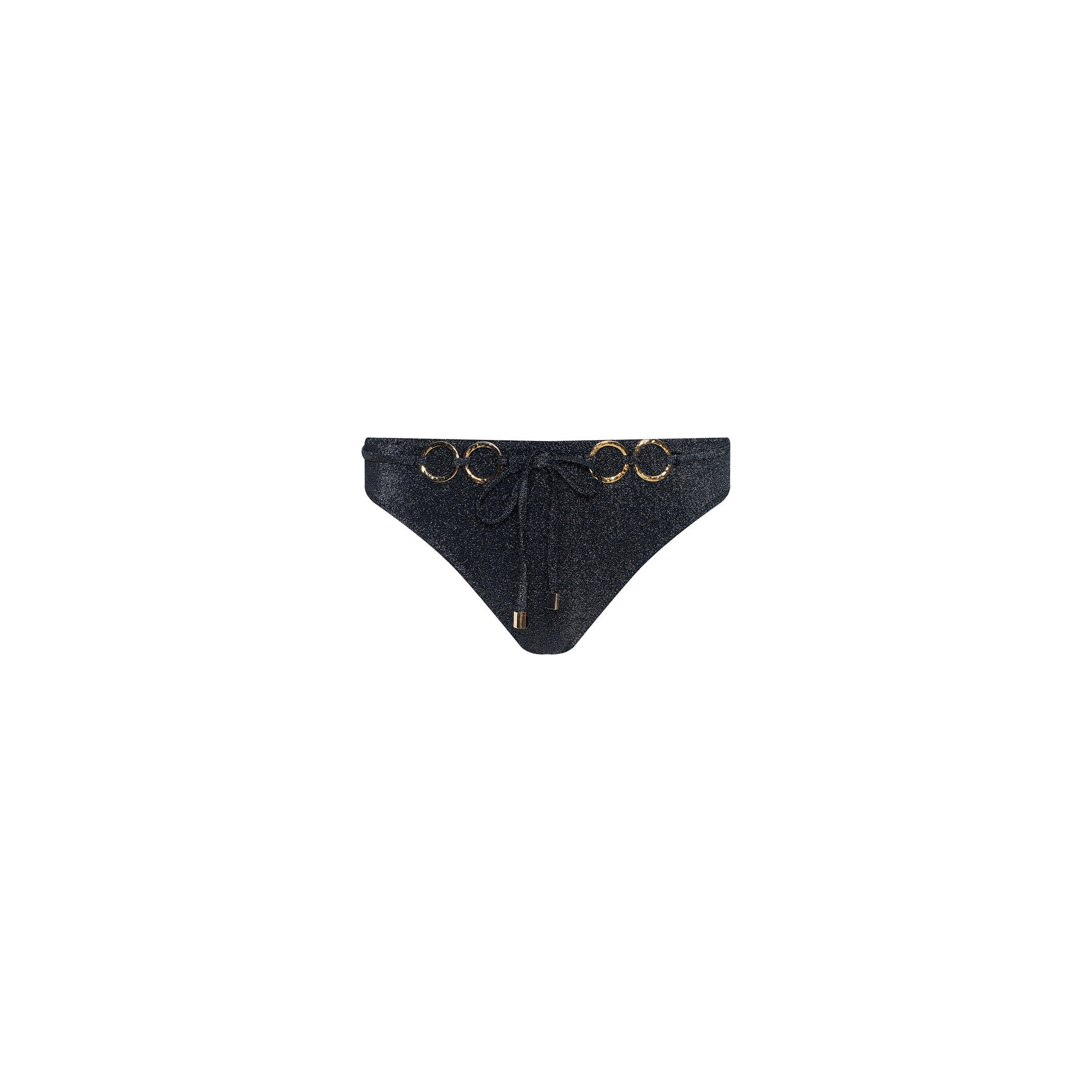 Nicole Bikini Bottom featuring a front tie and gold ring accents on the waistband, inspired by Parisian glamour swimwear style, displayed against a plain white background.