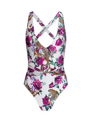 The Lisa Plunge One-Piece Swimsuit features a rose leopard print on a white background with pink roses, green leaves, a crisscross back, and a front waist cutout for a chic beach style.