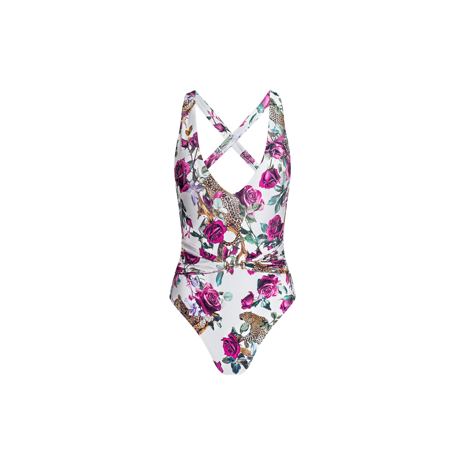 The Lisa Plunge One-Piece Swimsuit is a white UPF 50 swimsuit adorned with a striking rose leopard print, featuring deep pink roses and bold spots. It boasts a plunge neckline, strappy crisscross back, gold-toned hardware at the waist, and an elegantly gathered, wrapped design for a sophisticated finish.